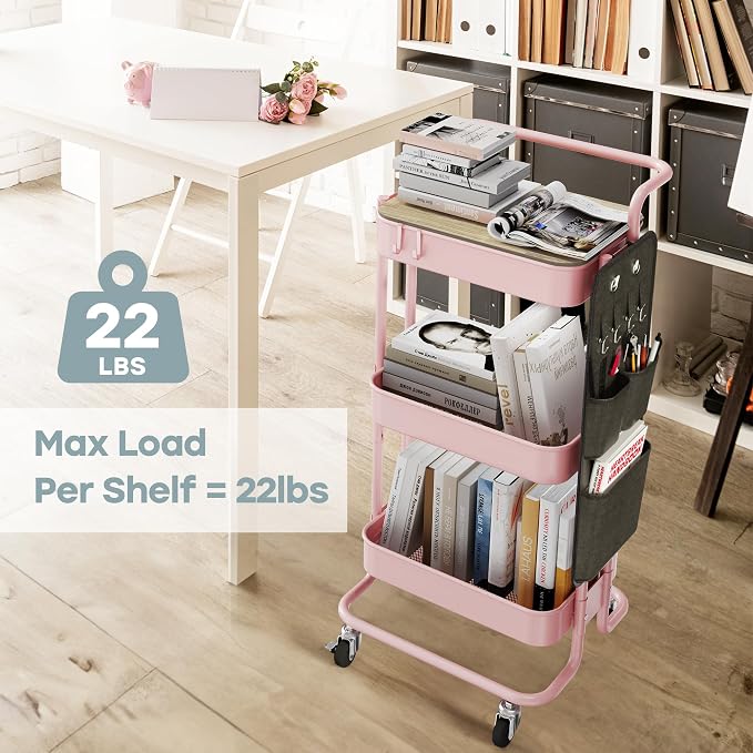 DTK 3-Tier Rolling Cart with Table Top, Metal Utility Cart with Side Bags | Tray Storage Organizer, Lockable Wheels, 4 Hooks, Art Cart for Kitchen, Bathroom, Office, Craft room, Living room, Pink