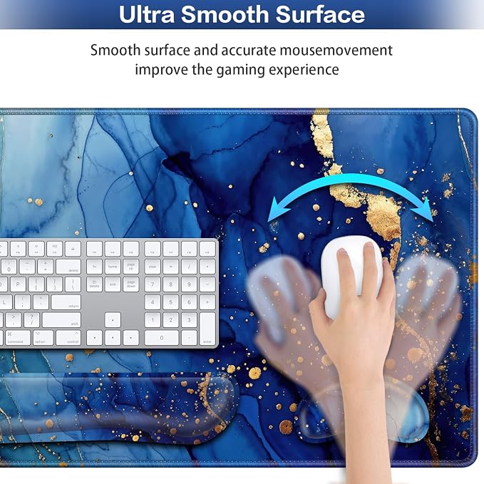 Desk Mat Blue, Large Gaming Mouse Pad with Wrist Rest, 4in1 XXL | Mousepad+Keyboard Wrist Rest+Mouse Pad Wrist Support+Cup Coaster Set Ergonomic Computer Desk Arm Wrist for Decor Office Women