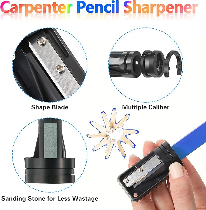 Hiboom 14Pcs Carpenter Pencil, 7" Flat Octagonal Hard Black Marking Pencil | with Pencil Sharpener & Silicone Heavy Duty Retractable Pen Holder, Carpenter Marking Pencils for Woodworking Marking Tool