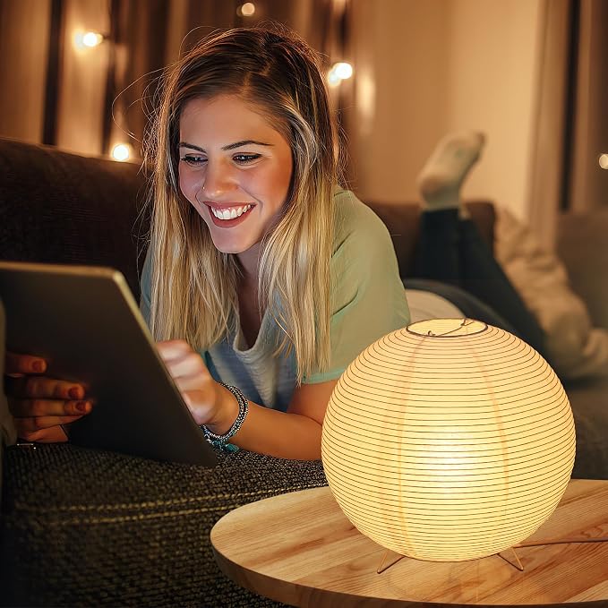 Totority Modern Paper Table Lamp, Japanese Lantern Style Bedside Night Light for Bedroom & Living Room, Minimalist Rice Paper Desk Lamp with Warm White E14 Bulb, Decorative Zen Home Lighting,US Plug