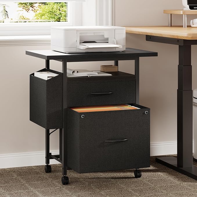 DUMOS 2 Drawer Mobile File Cabinet, Printer Stand with 24'' Wide Desktop | Fabric Drawer Cabinet Under Desk with Storage Side Bag,Rolling Printer Cart Not for Hanging Files for Home Office, Black