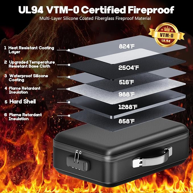 Fireproof Document Box, Hard Case Highly Flame-Resistant Fire Proof Waterproof File Organizer with Lock, Portable Fire Safe for Important Documents & Valuables Storage (Black, ‎16"*12"*5")