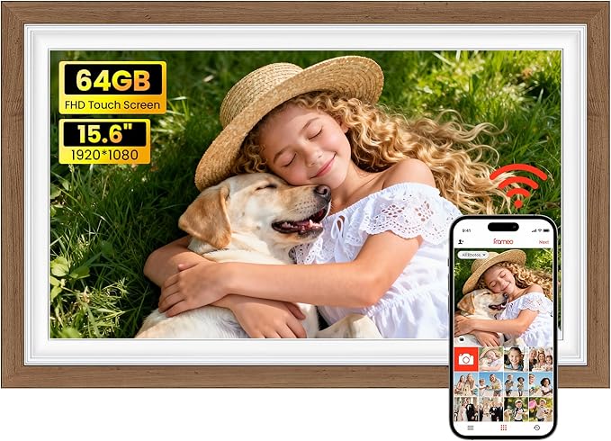 64GB Frameo 15.6" Digital Picture Frame Large 1920 x 1080 IPS FHD Touch Screen WiFi Electronic Photo Frames Share Moments Instantly Anywhere Best Gifts for Parents and Grandparents Solid Walnut