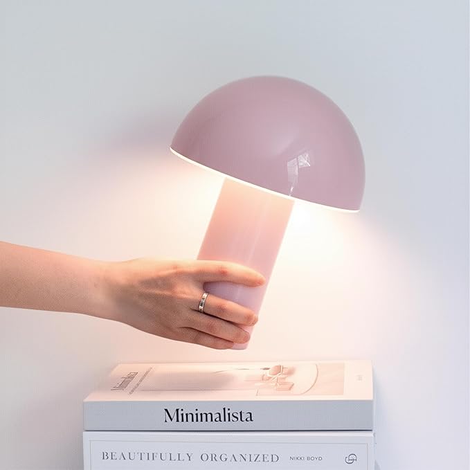 Brightech Celia Mood Lamp – 10" Touch-Controlled Mushroom Table Lamp, Cordless & Dimmable LED, Portable & Rechargeable Bedside Night Light, Sustainable Recycled Modern Patio Lamp for Home Décor – Pink