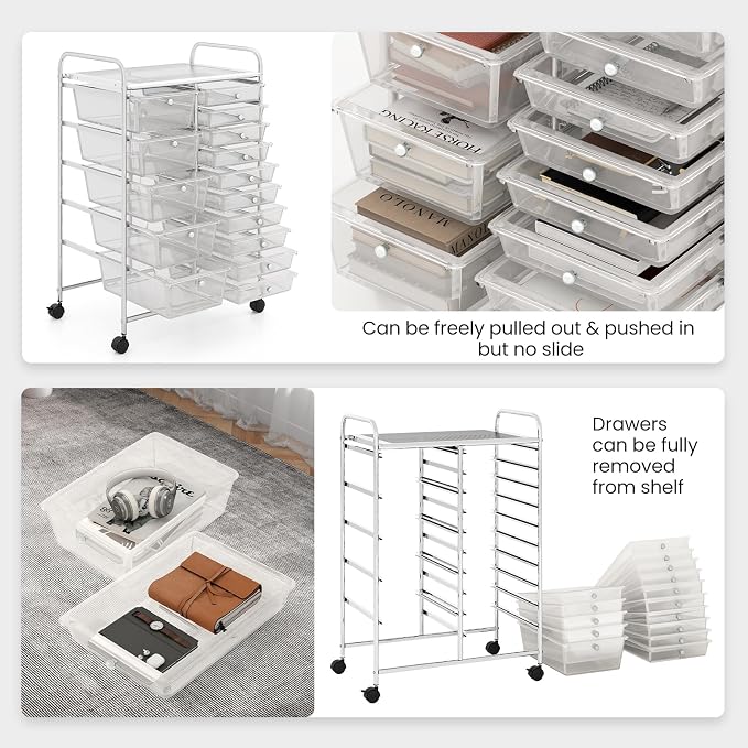 BECOMFORT 15-Drawer Rolling Cart with Drawers, Storage Cart on Wheels, Teacher Classroom Organizers with Metal Frame, Mobile Craft Cart for Tools, Trolley Utility Cart for School Office Play Room