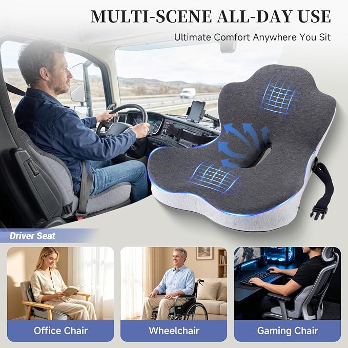 Car Seat Cushion, Truck Driver Seat Cushion L-Shaped Lumbar Support Pillow, Memory Foam Seat Cushion Ergonomic Back Support, Comfort & Support for Long Sitting, Alleviate Back Pain
