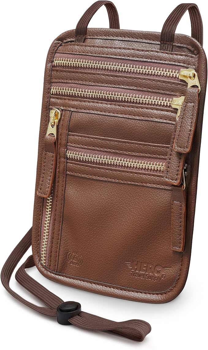 HERO Neck Wallet - RFID Blocking Passport Holder, Easy to Conceal Travel Pouch (Vegan Leather Brown)