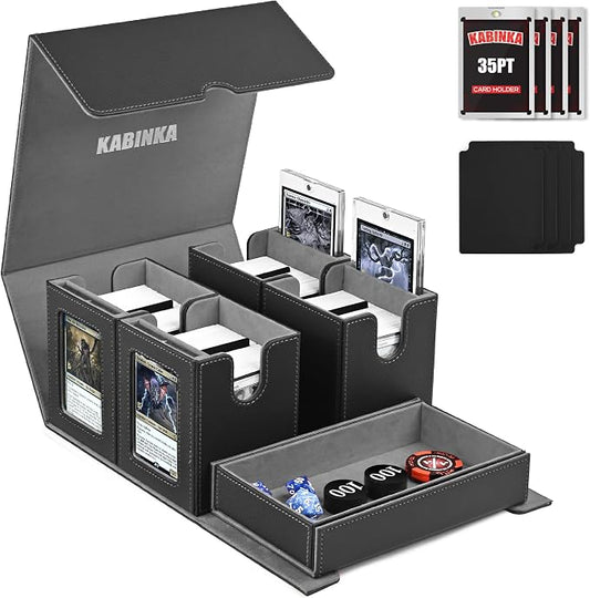 Kabinka Card Deck Box for MTG Commander, Holds 400+ Double-Sleeved Cards, 5 IN 1 Detachable Card Case with Dice Tray, Fits Magic/TCG Cards, 4 Magnetic Card Holders & Dividers (Black)