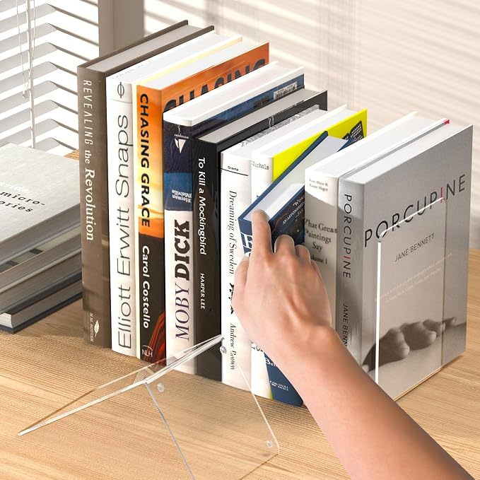 Acrylic Bookends 4 Pcs, Clear Book Ends for Shelves, Bookend Organizer | Transparent Book Holder Stand Decorative, Book Stoppers for Heavy Duty Books, CD, File, Video Games