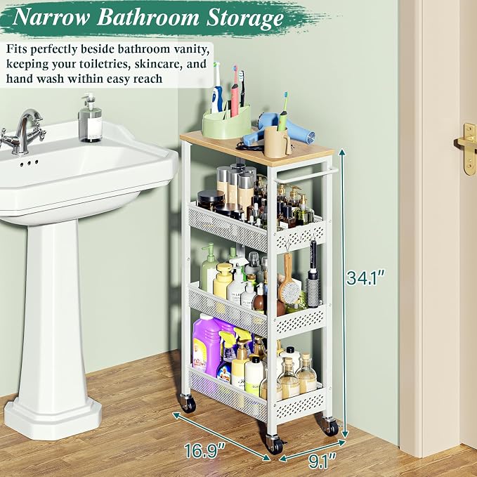 OKZEST 4-Tier Slim Rolling Storage Cart for Laundry Room, Bathroom, Kitchen | Upgraded metal hub casters, Narrow utility cart for small space/gaps, Premium wood top & metal mesh shelf, with handle & hook