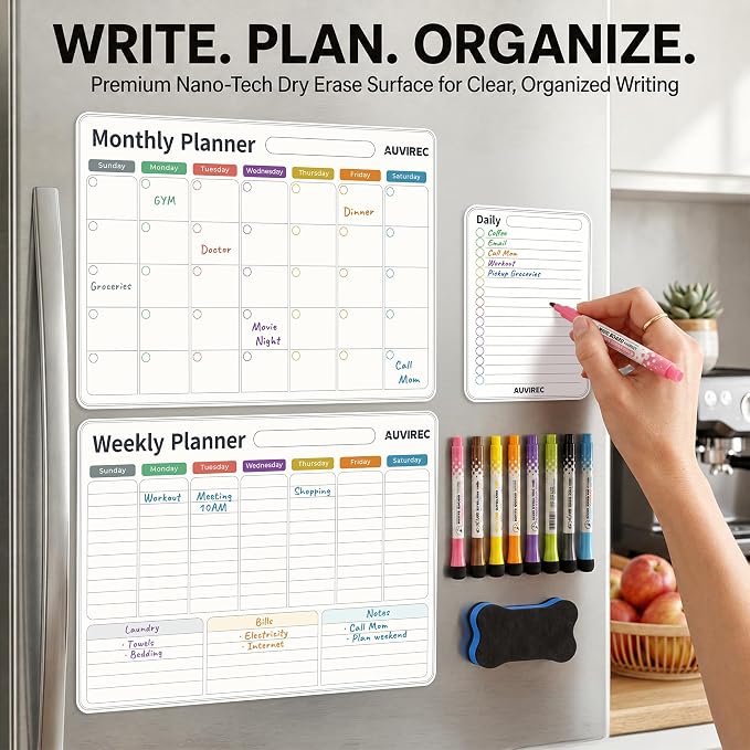 Magnetic Calendar for Refrigerator, Fridge Calendar 3-Pack | Monthly Weekly Daily Dry Erase Calendar Planner Set with Nano-Tech Surface, 17"x12" Magnetic Whiteboard, 8 Markers & Eraser