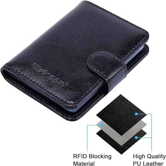 Wisdompro Credit Card Holder, RFID Blocking Wallet Debit Card Protector | Slim Leather Credit Card Organizer Case, Card Case with Magnetic Closure, 20 Card & 7 Memory Card Slots - Vertical Black