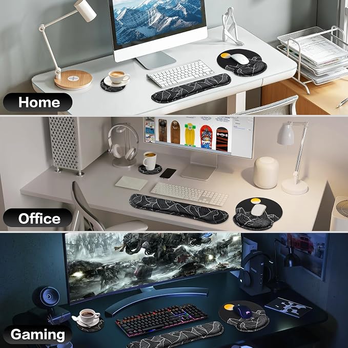 Mouse Pad Black, Ergonomic Keyboard Wrist Rest, Mouse Pad with Wrist Rest | Gaming Mousepad with Wrist Support, Memory Foam Wrist Rest Set for Computer Keyboard, Office Desk Accessories