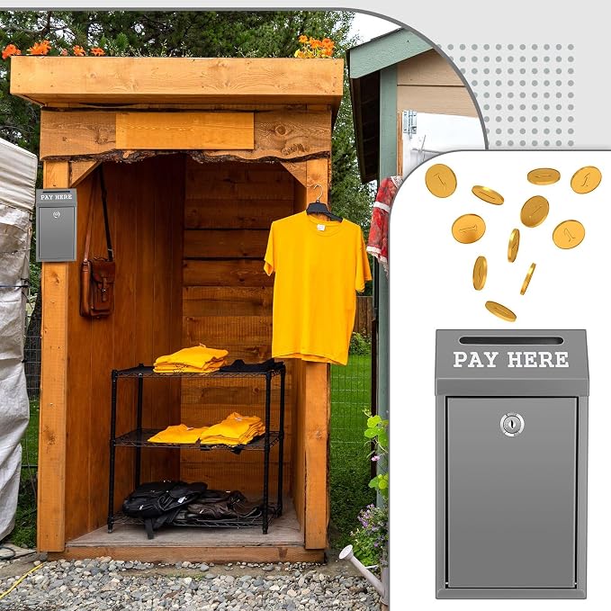 Yaocom Safe Metal Cash Box for Farm Stand – Money Drop and Secure Donation Collection, Wall Mount Lockable Unit with Pre Drilled Holes for Outdoor Self Serve(Grey,10.2 x 5.7 x 2.8 Inch)