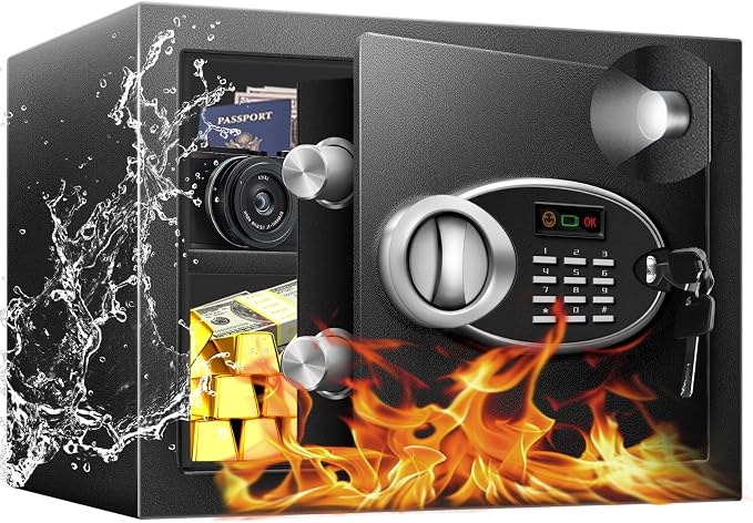 11.81" Tall Small Fire proof Safe Box with Fireproof Waterproof Bag | Steel Security Personal Fire Safe, Digital Keypad, Emergency Battery Box, Combination Lock, Safety Box For Home Office