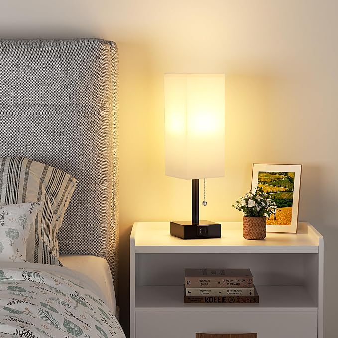 White Small Table Lamp for Bedroom - 3 Color Temperature 3000K 5000K 4000K Bedside Lamp, Pull Chain Control, USB A and C Charging Ports, Black Base, for Kids Office Dorm Nightstand, Bulb Included | Pull Chain Lamp, 3 Color Modes(3000K/4000K/5000K), E26...