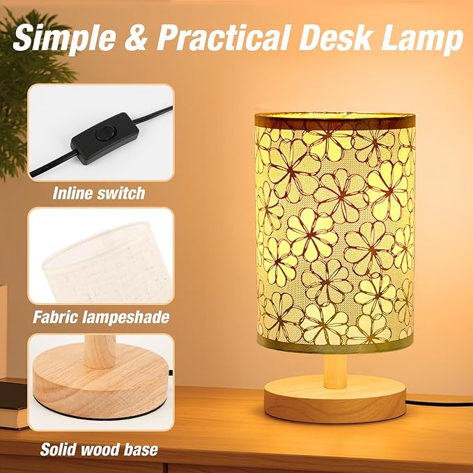Desk Lamp LED Bulb Included, Small Bedside Table Lamp Plug-in - Classic Wood Base with Flaxen Fabric Shade, Lamps for Night Stands, Simple Nightstand Light for Bedroom, Office, Desk