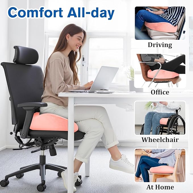 Seat Cushion, Chair Cushions, Office Chair Cushions, Anti-Slip Bottom & Removable Cover Tailbone Pain Relief Cushion, Memory Foam Seat Cushion for Office, Wheelchair, Car (Pink)
