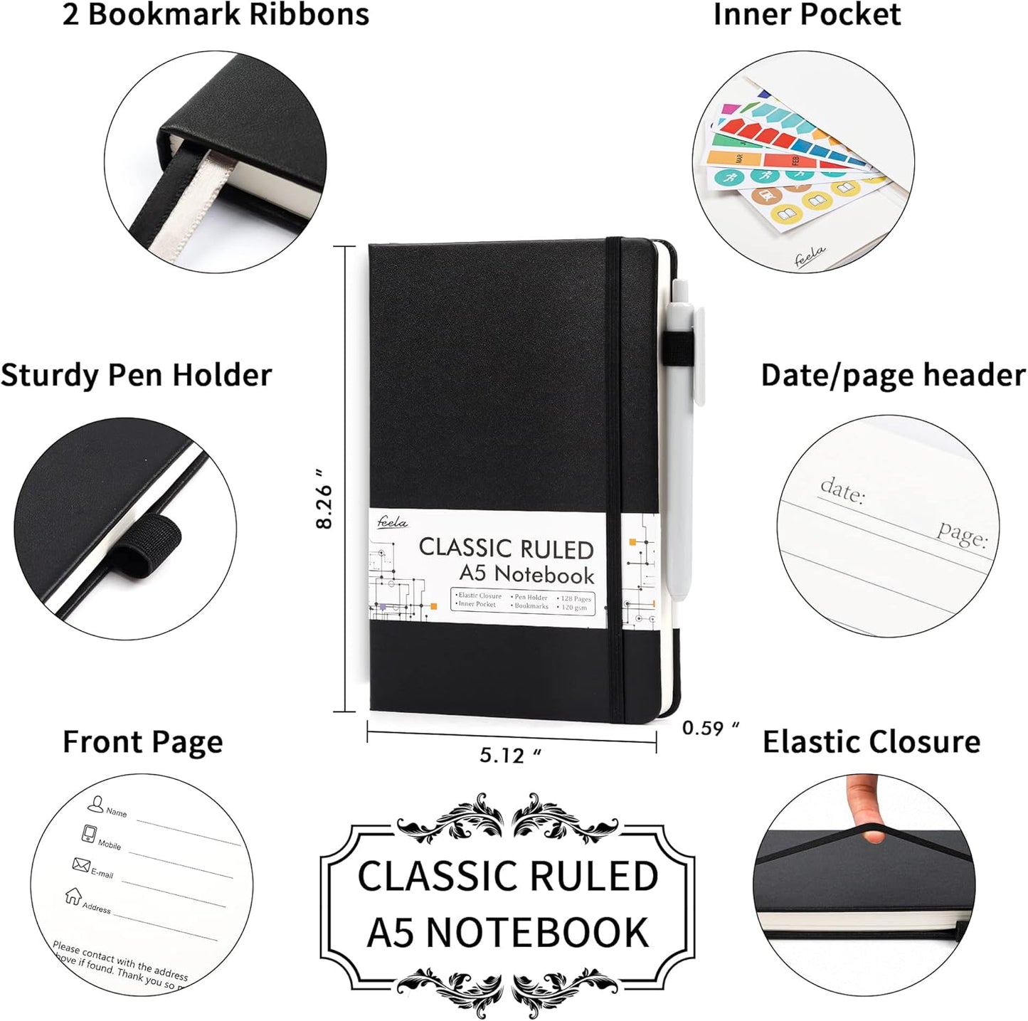 feela 24 Pack Journal Notebook for Work, Business Notebook Bulk Hardcover Lined Writing Journal with Pen Holder for Men Women Note Taking, with 24 Black Pens, 120 GSM, 5.1”x8.3”, A5, Black