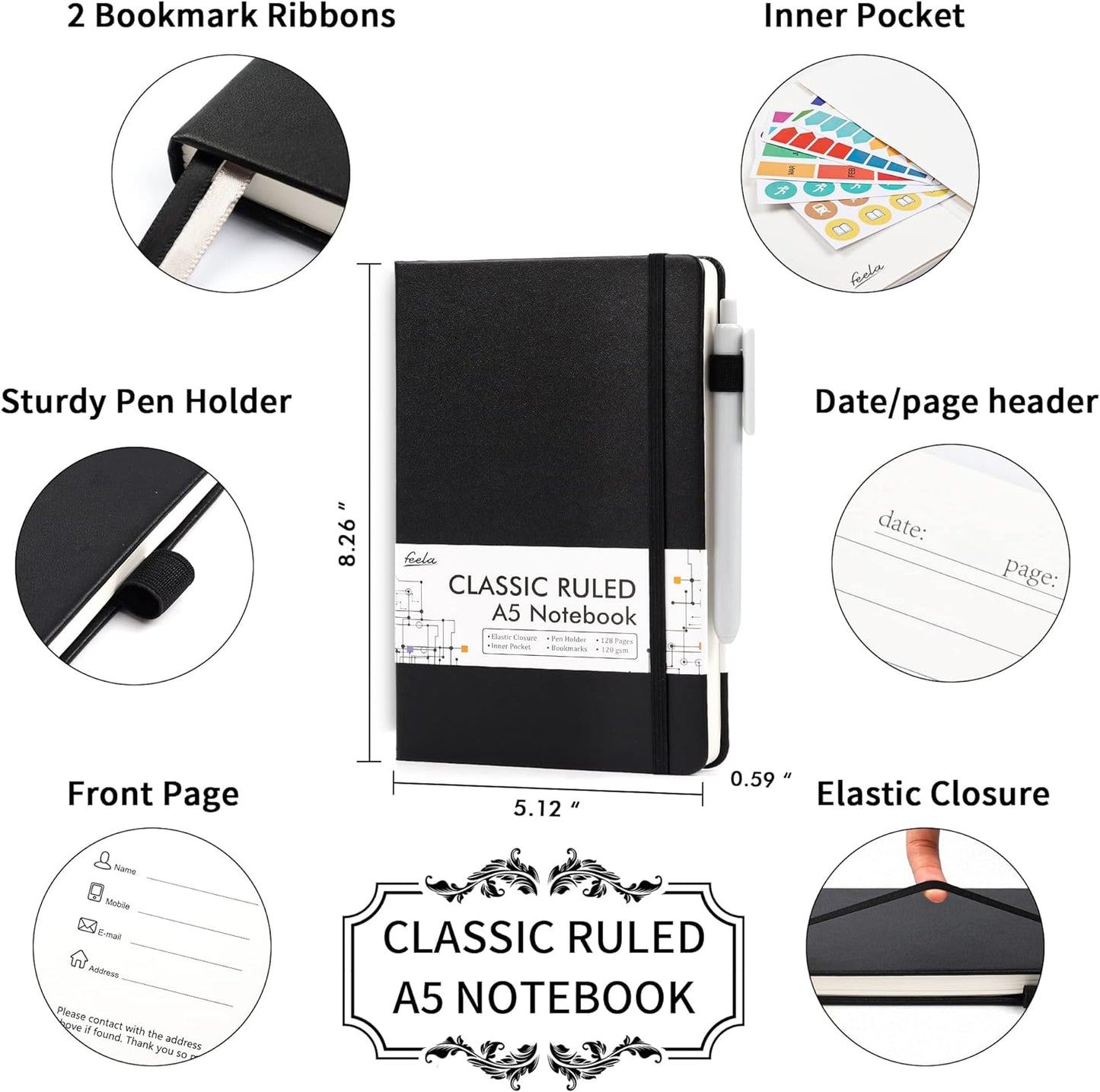 feela 8 Pack Journal Notebook Bulk for School, Hardcover Business Notebooks Classic Ruled Lined Journals with Pen Holder for Work Note Taking, with 8 Black Pens, 120 GSM, 5.1”x8.3”, A5, Black