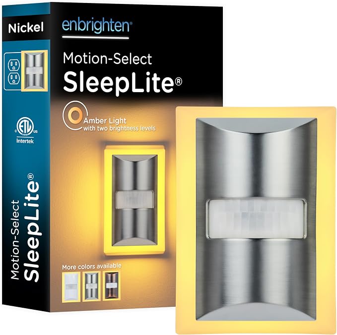 Enbrighten SleepLite Motion Sensor Night Lights Plug Into Wall Nightlight Amber Light Bathroom Bedroom Kitchen Nursery Kids Adults Brushed Nickel