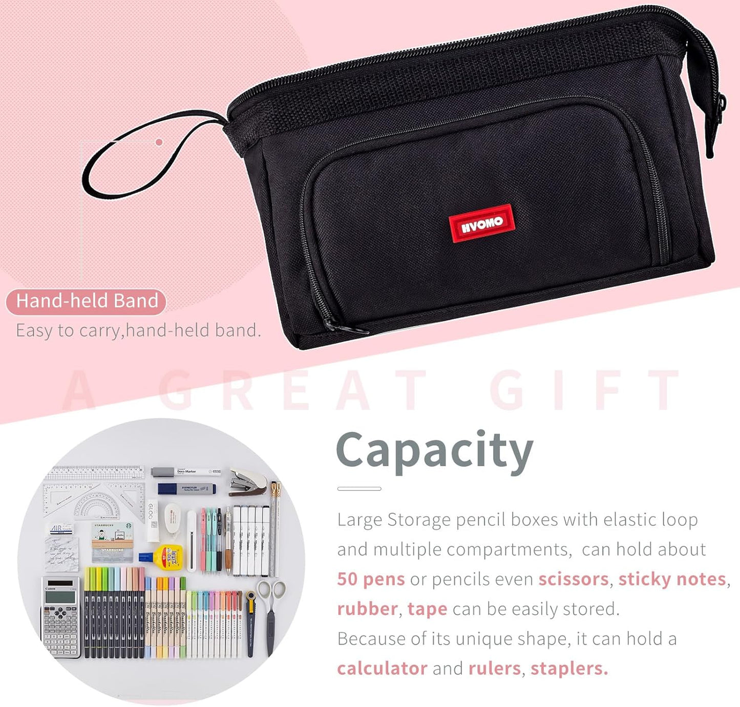 HVOMO Pencil Case Large Capacity Pencil Pouch Handheld Pen Bag Cosmetic Gift for Office School Teen Girl Boy Men Women Adult (Black)