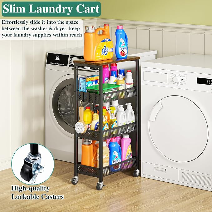 OKZEST 4-Tier Slim Rolling Storage Cart for Bathroom, Laundry Room, Kitchen | Upgraded metal hub casters, Narrow utility cart for small space/gaps, Premium wood top & metal mesh shelf, with handle & hook