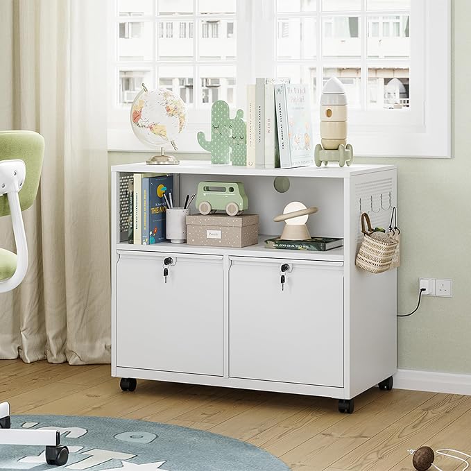 Mobile 2 Drawer File Cabinet with Lock, Metal Lateral Printer Stand Filing Storage Cabinets with Shelves for Home Office-A4/F4/Letter (White)