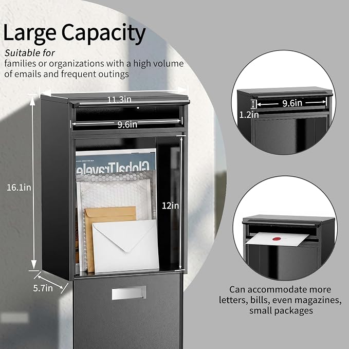 Wall Mounted Locking Mailbox for Outside, Heavy Duty Steel Black | Large capacity wall mounted mailbox, fits letters, magazines, parcels, waterproof design with secure lock