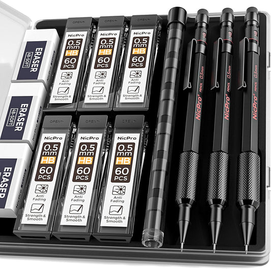 Nicpro 0.5 mm Mechanical Pencil Set with Case, 3PCS MP2000 Metal Artist Mechanical Pencil With 6 Tube HB Lead Refills, Eraser, Weatherproof Barrel for Outdoor Writing Drafting Drawing Sketching