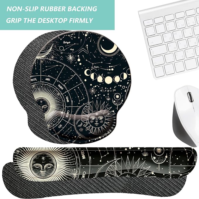 Keyboard Wrist Rest Pad Mouse Pad with Wrist Support Set of 3, Mousepad with Non-Slip Rubber Base, Ergonomic Memory Foam Mouse Wrist Cushion Support for Home Office Laptop Computer, Moon Phase