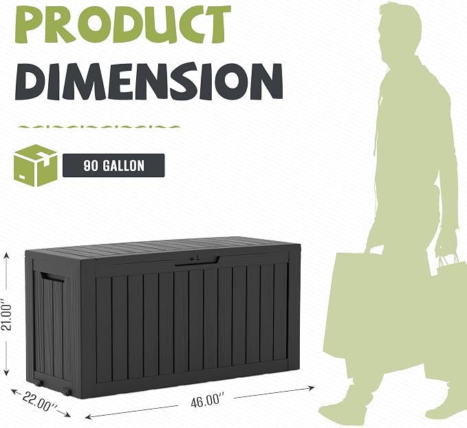 90 Gallon Outdoor Package Delivery Box with Lockable, Waterproof & Weatherproof Secure Parcel Drop Box for Porch, Resin Outside Storage Boxes Black