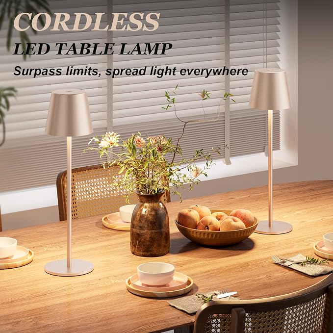 Kakanuo Champagne Gold Cordless Table Lamp Rechargeable - 2 Pack Battery Operated Lamp for Counter, 3 Color Stepless Dimming Wireless Lamp for Dining Kitchen, Outdoor Patio, Touch Control