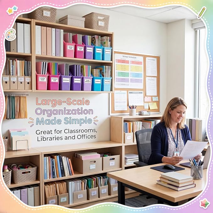 Blosssound 6 Set Book Bins for Classroom with Label Sticker Book Box Baskets Plastic Stackable Organizing Bins Storage & Organization for Classroom Library Home School Supplies (Purple Pastel)