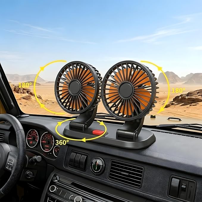 Dual Head 24V Car Fan for SUV Truck RV with No AC,Adjustable Car Cool Fan, Dual Head Design, 2-speed Adjustable, 360° Rotating Portable Car Fan,Powered by Cigarette Lighter