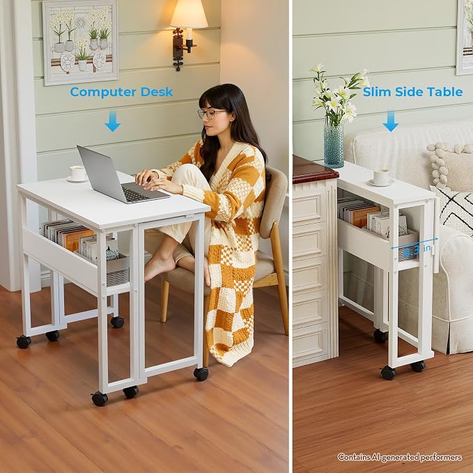 GreenForest Folding Desk with Wheels, 24.8" Rolling Table for Small Spaces | Storage Shelf, Lockable Casters, Compact Portable Workstation, Space-Saving Foldable Sofa Table, Home Office, Mobile, White