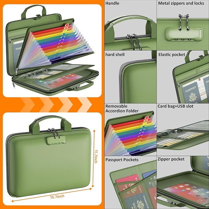 Tamfile Fireproof File Organizer with Lock,Hard Case Fireproof Document Box | 13 Colour Pockets Accordion File Folder, Office Home Important Document Organizer for Letter A4 Files Laptop Passports,Green