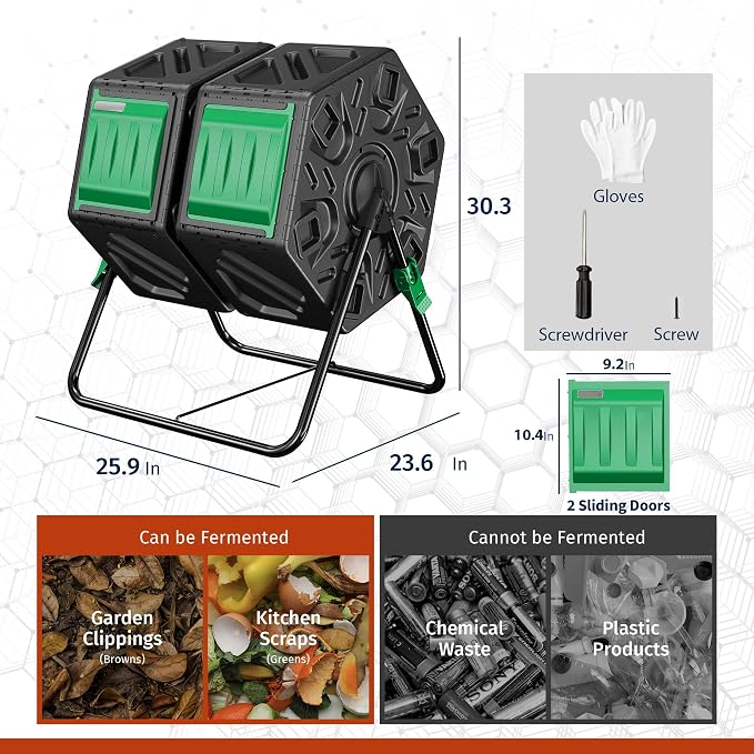 Compost Bin, 37-Gal Dual Chamber Composter Tumbler, Black Green | Steel Frame with 2 Sliding Door and Aeration System, 360° Rotating, Tumbling Composting Bin for Kitchen, Garden, Yard
