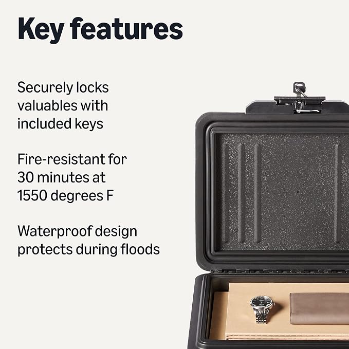 Amazon Basics Fire-Resistant Waterproof Fire Chest with Mechanical Key, for Documents, Jewelry, Money, 0.22 cu. ft, Black