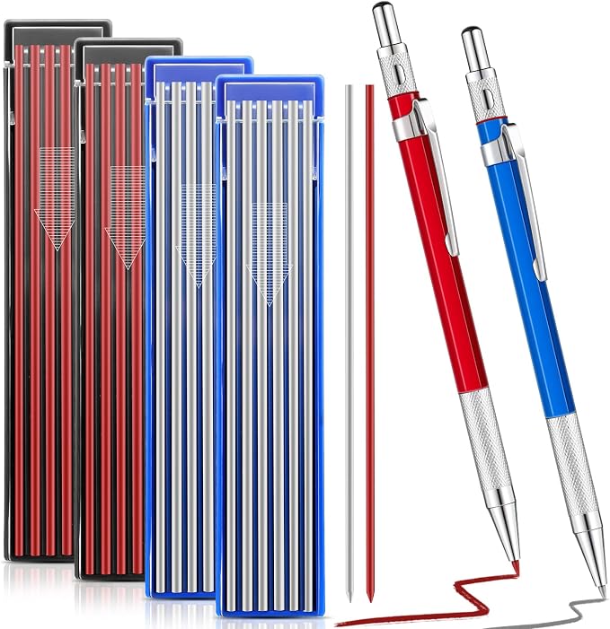 Gersoniel 2 Pcs Welders Pencil with 48 PCS Round Refills Mechanical Pencils Metal Welding Marker for Tube Pipe Fitter Welder Steel Construction Woodworking (Red, Silver)