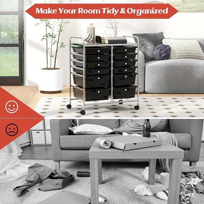 BECOMFORT 12-Drawer Rolling Cart with Drawers, Storage Cart on Wheels, Teacher Classroom Organizers with Metal Frame, Mobile Craft Cart, Trolley Utility Cart for School Office Play Room