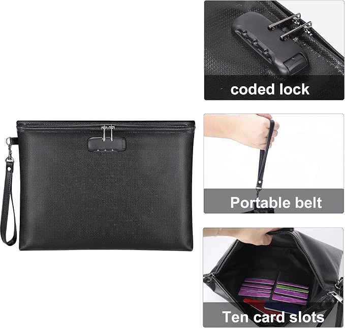Fireproof Document Bag with Lock + Fireproof Document Box with Lock, Storage Pouch for A4 Letter Size Document, Cash, Cell Phone, Tablet, Credit Card,Passport