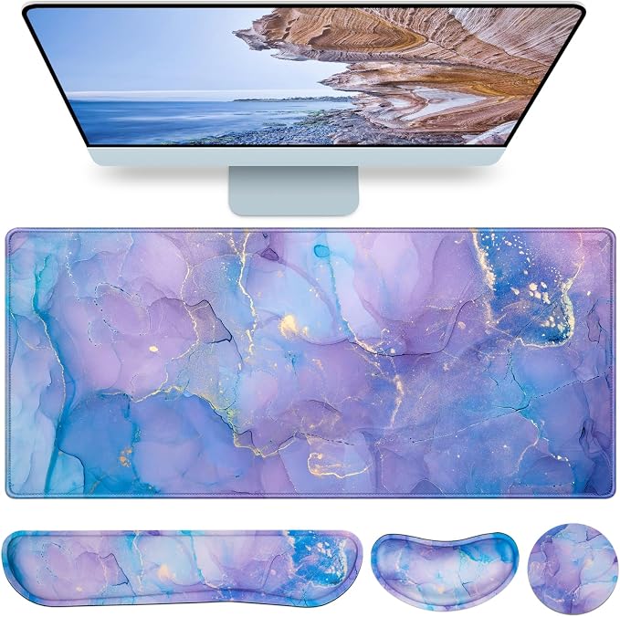 4-in-1 Mouse Pad with Wrist Rest Purple,35.4×15.7in Large Gaming Mouse Pad | Keyboard Wrist Rest+wrist Mousepad+Cup Pad,Ergonomic Mouse Pads,Anti-Slip,Waterproof Keyboard Pad for Home Office