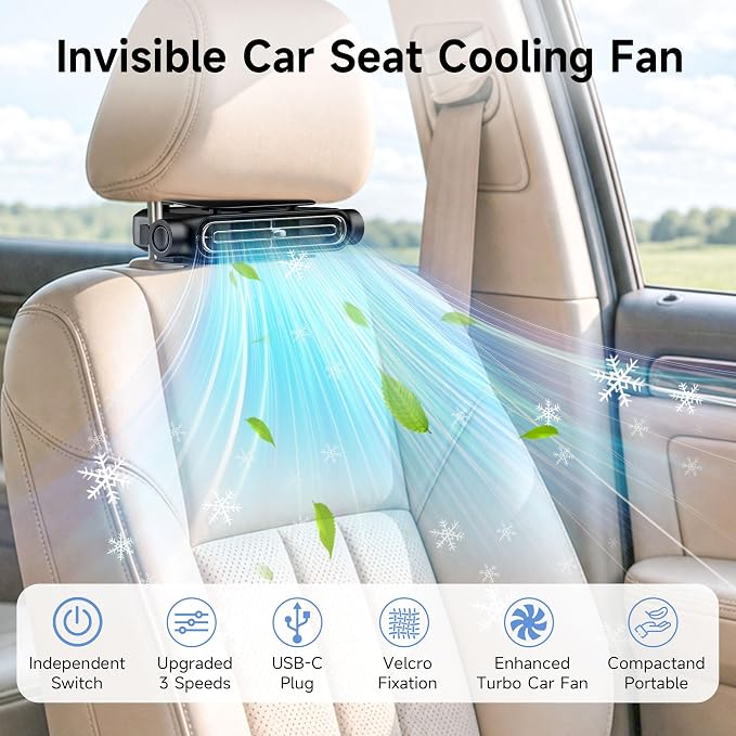 ViSSKO 2026 Car Fan for Backseat, USB Invisible Car Headrest Cooling Fan for Kids Replace Ventilated Seats with 3 Speeds Fit in Most Cars Vehicle Jeep Van RV Truck