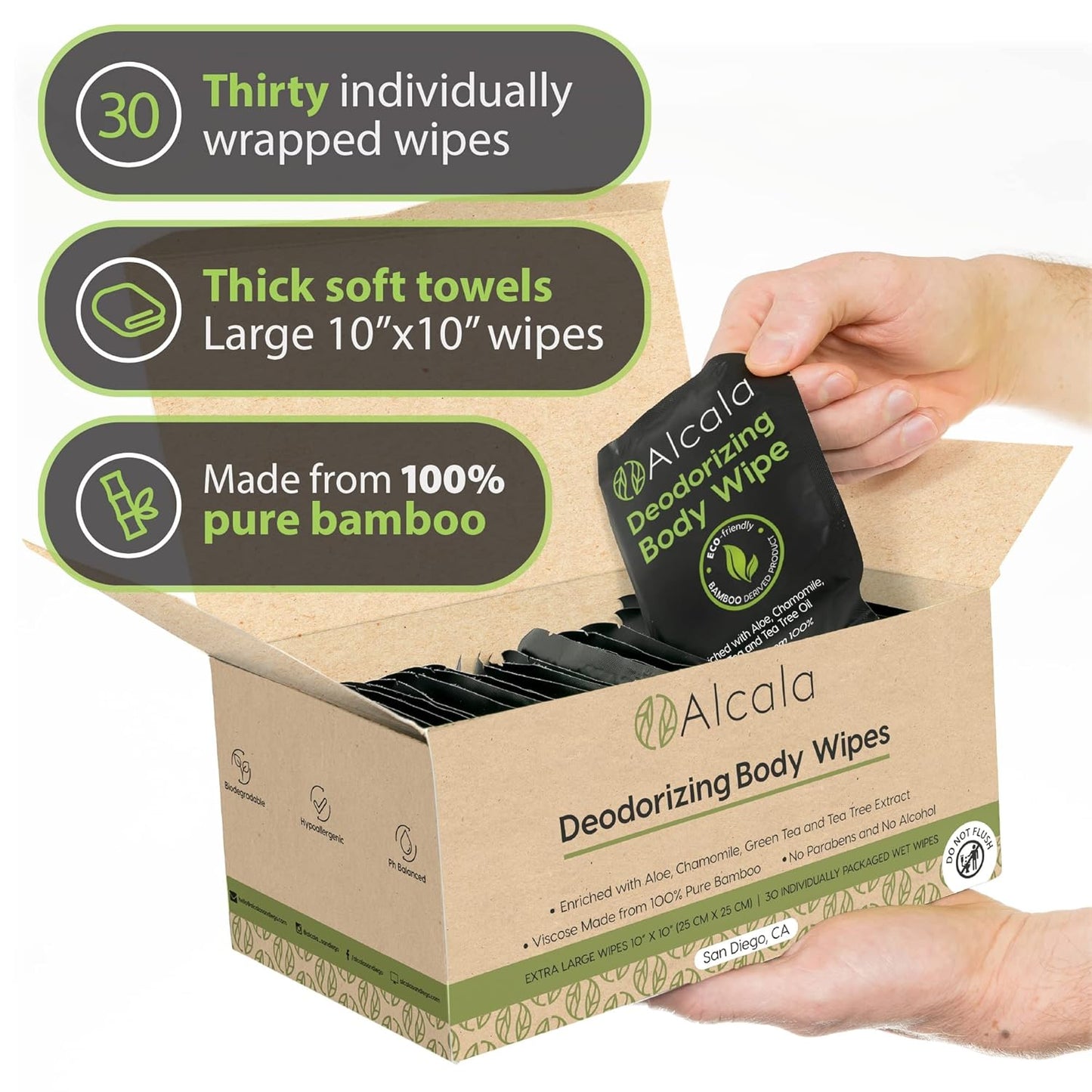Alcala Deodorizing Body Wipes Individual Shower Wipes 100% Pure Biodegradable Bamboo Wet Wipes with Aloe Tea Tree Adult Body Wipes for Women & Men Ideal for Camping Hiking, Hospitals & Gym (30 Pack)