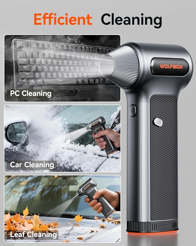 WOLFBOX MF200 Compressed Air Duster with Removable Battery & 4 Nozzles, Cordless 3-Speed Adjustable Mini Blower for Computer Keyboard, Car Cleaning, Home, and Outdoor Use