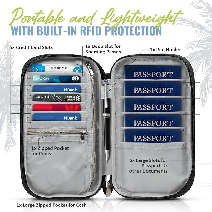 Travel Document Organizer with RFID, Family Passport Holder, Wallet for Women & Men, Portable & Waterproof Case for Cards, Boarding Pass, Money