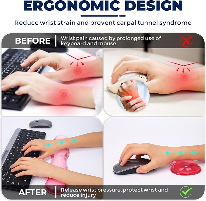Gel Wrist Rest for Keyboard and Mouse, Wrist Rest for Keyboard, Mouse Wrist Support, Pain Relief, Cool Touch, Non-Skid, Mouse Wrist pad