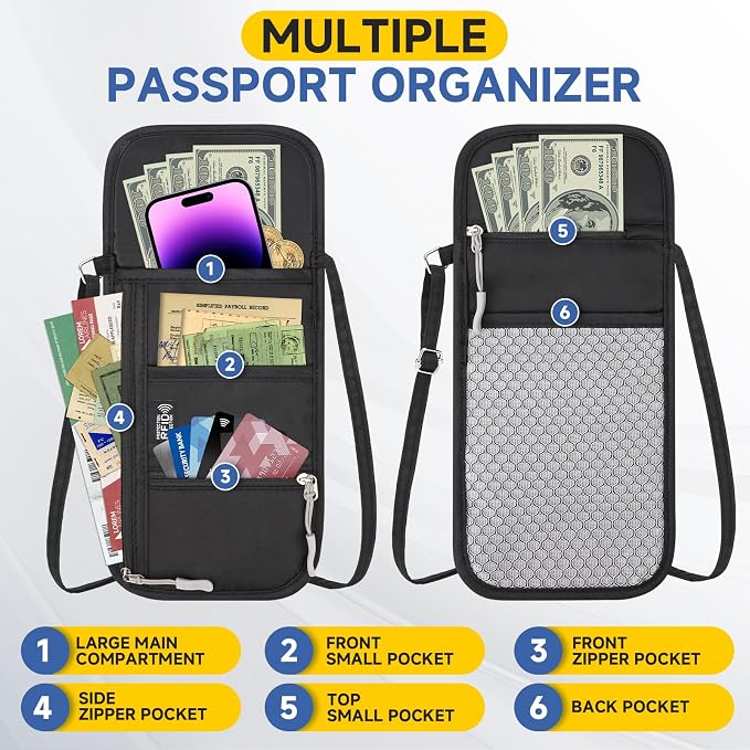 RFID Blocking Passport Holder for Travel with Tracker Case, Neck Wallet with Adjustable Lanyard 6 Compartments Pouches Passport Wallet for Family (Black)