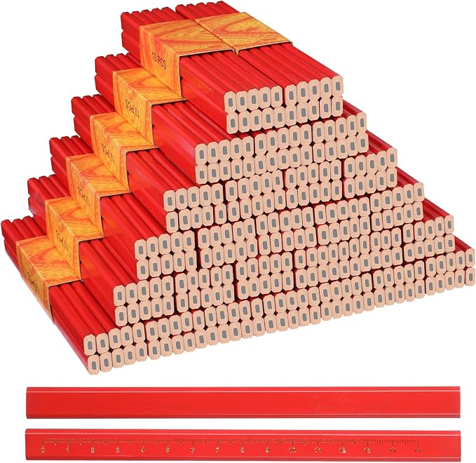 Lincia 300 Pcs Carpenter Pencils 7 Inch Octagonal Flat Carpenter Marking Pencils Hard Black Construction Contractor Pens for Woodworking and Concrete Marking(Red)